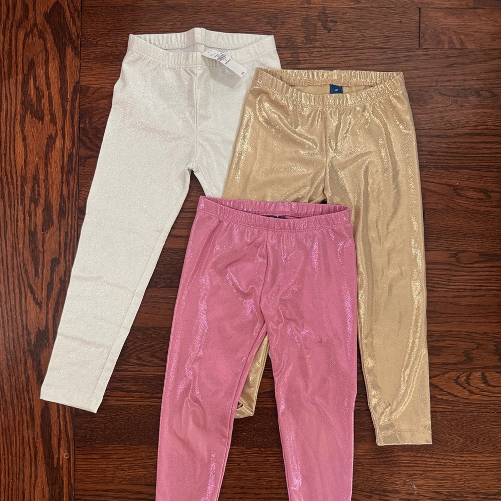 Old Navy Metallic Toddler 4T Leggings, Lot of 3 - Cream, Gold, and Pink, NWT
